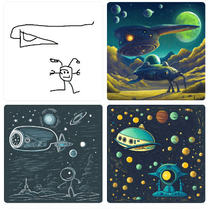 A collage of images of space ships and planets

Description automatically generated